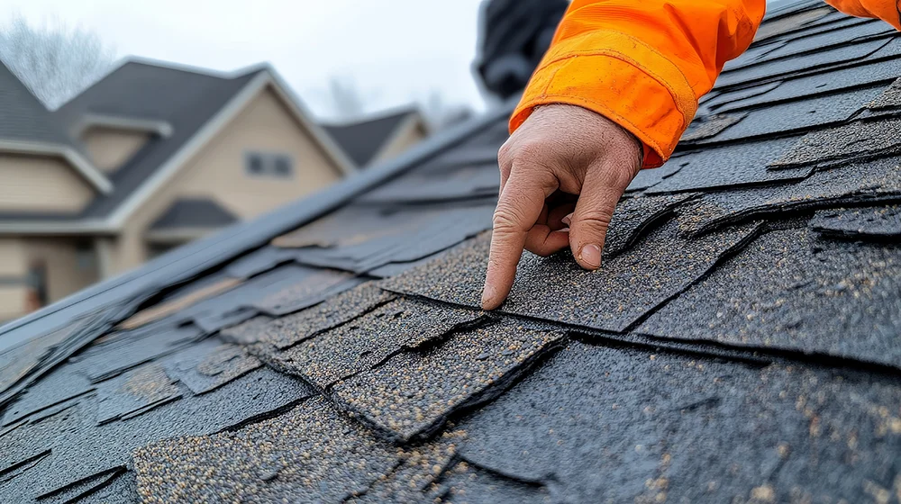 Technician pointing out roof damage
