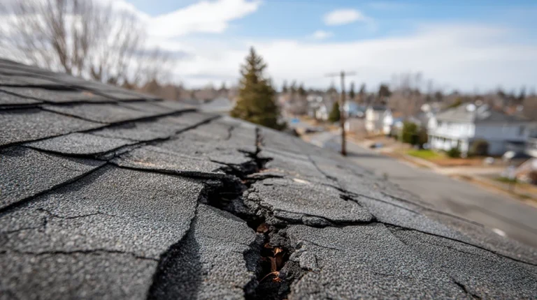 Asphalt shingles showing heat cracking and wear