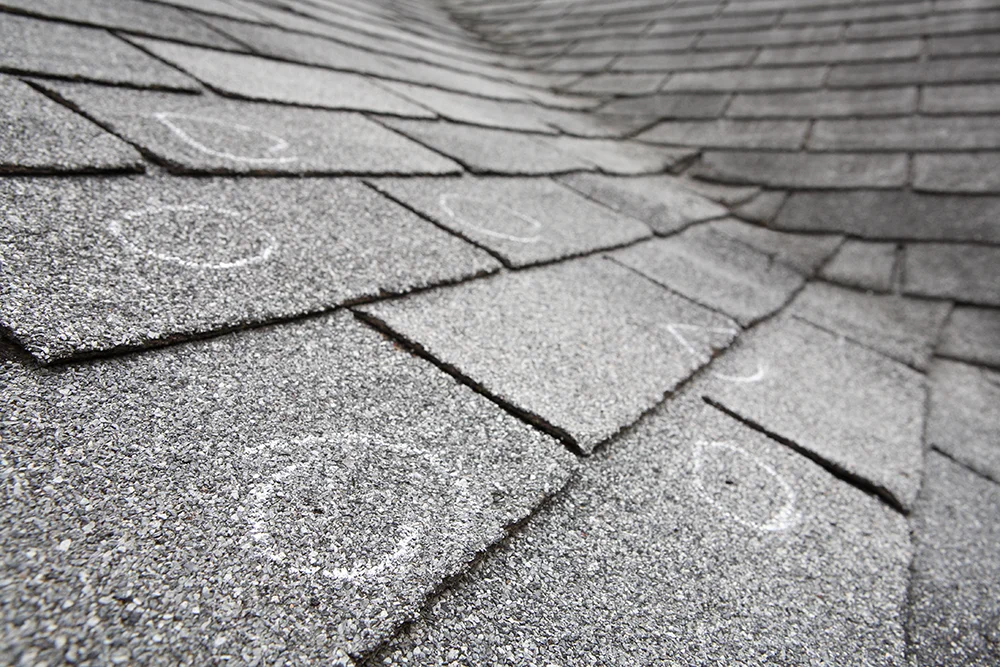 Close up of hail damage bruising on asphalt shingles