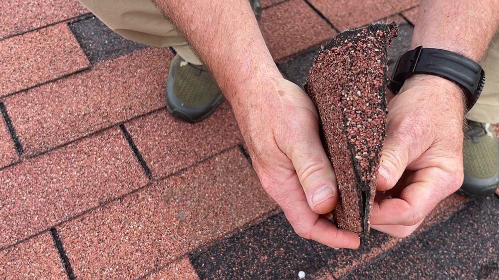 Aging asphalt shingles with moderate wear on residential roof