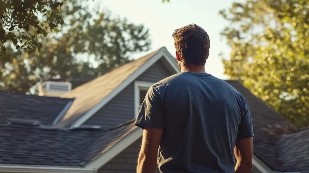 Homeowner inspecting roof from the yard after noticing missing shingles