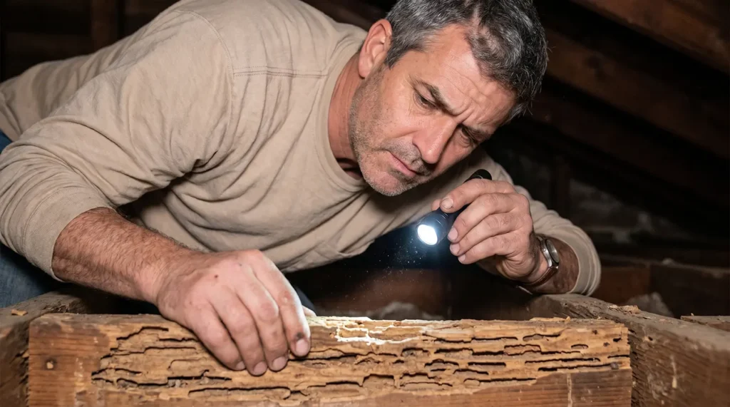 Homeowner inspecting an attic for signs of water intrusion