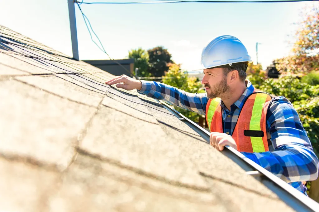 Inspecting a roof after a summer thunderstorm