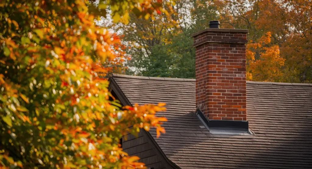 Large tree branches extending over an asphalt shingle roof