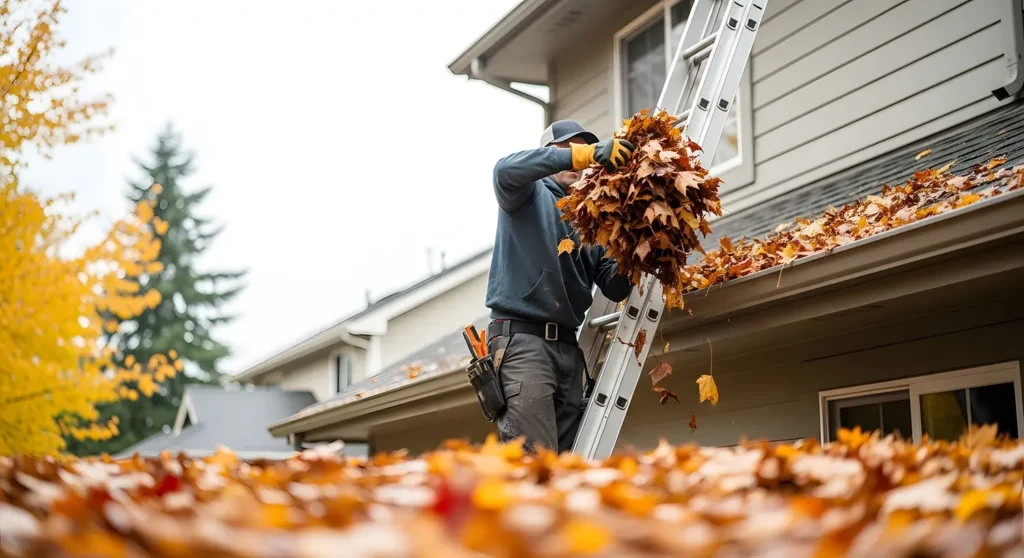 Removing piles of leaves from a Northeast Ohio home roof