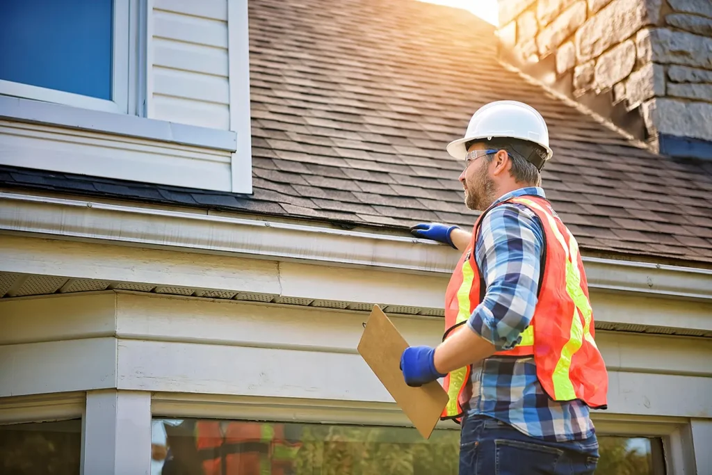 Roofing contractor measuring a residential roof for a replacement estimate