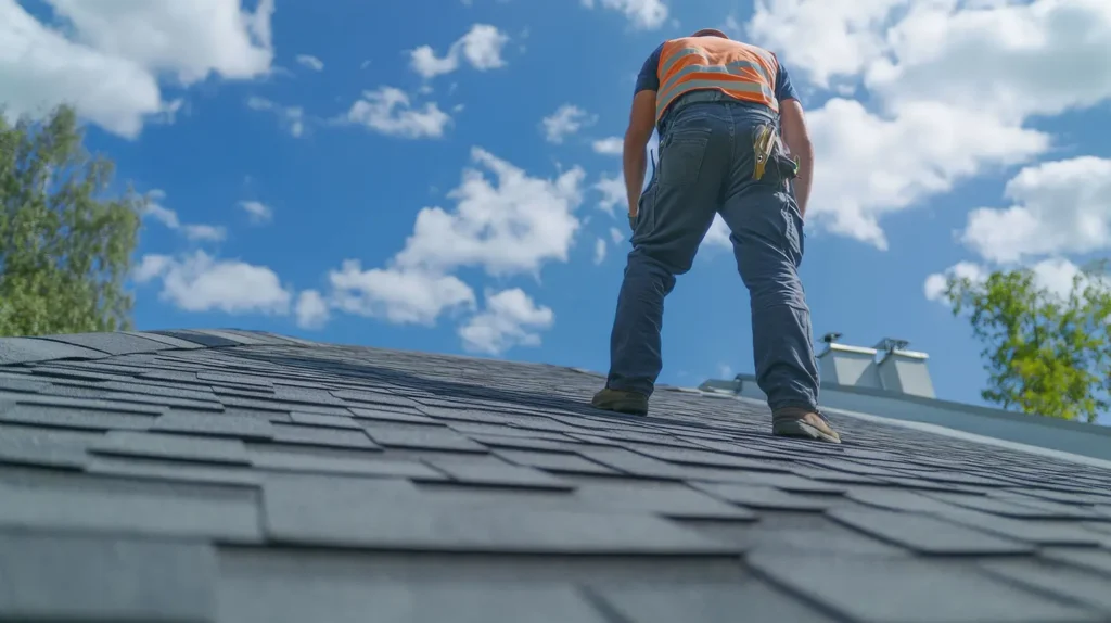 Roofing professional inspecting asphalt shingles on a home