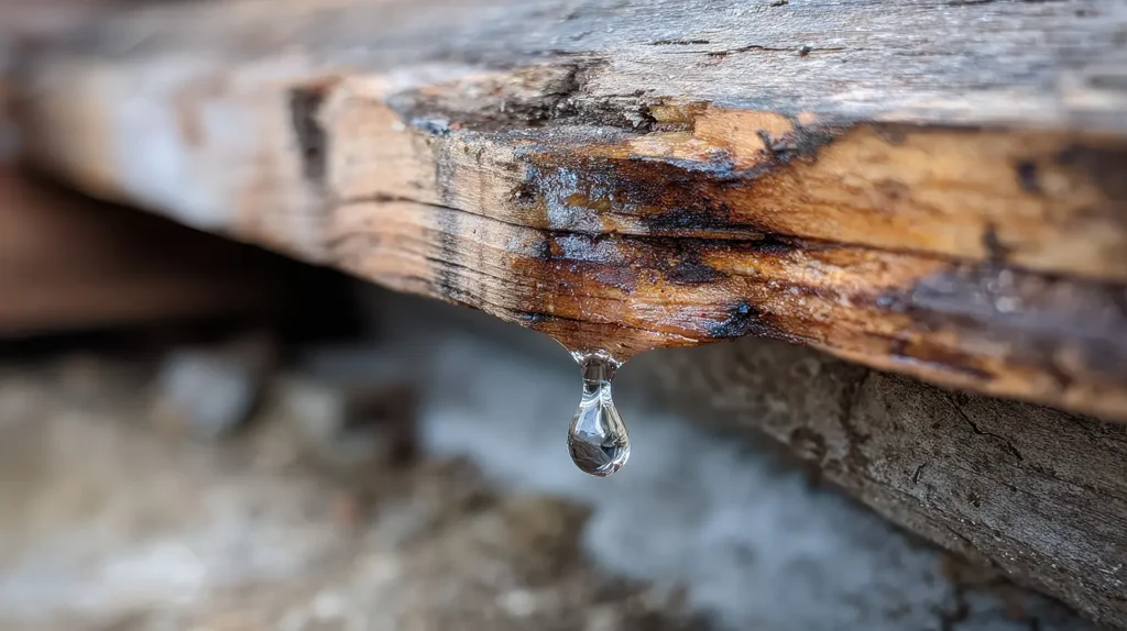 Water stains on roof decking caused by a hidden roof leak