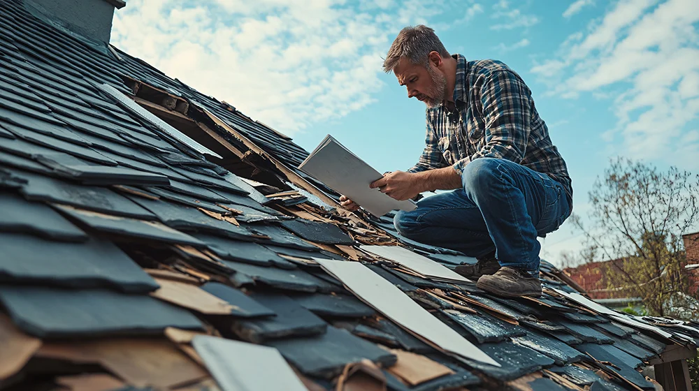 Insurance adjuster inspecting storm-damaged roof, assessing structural damage and taking notes outdoors