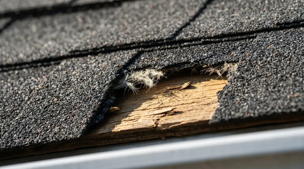 Missing asphalt shingles on a residential roof after a storm