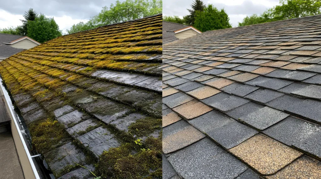 Moss growing between asphalt shingles on a residential roof