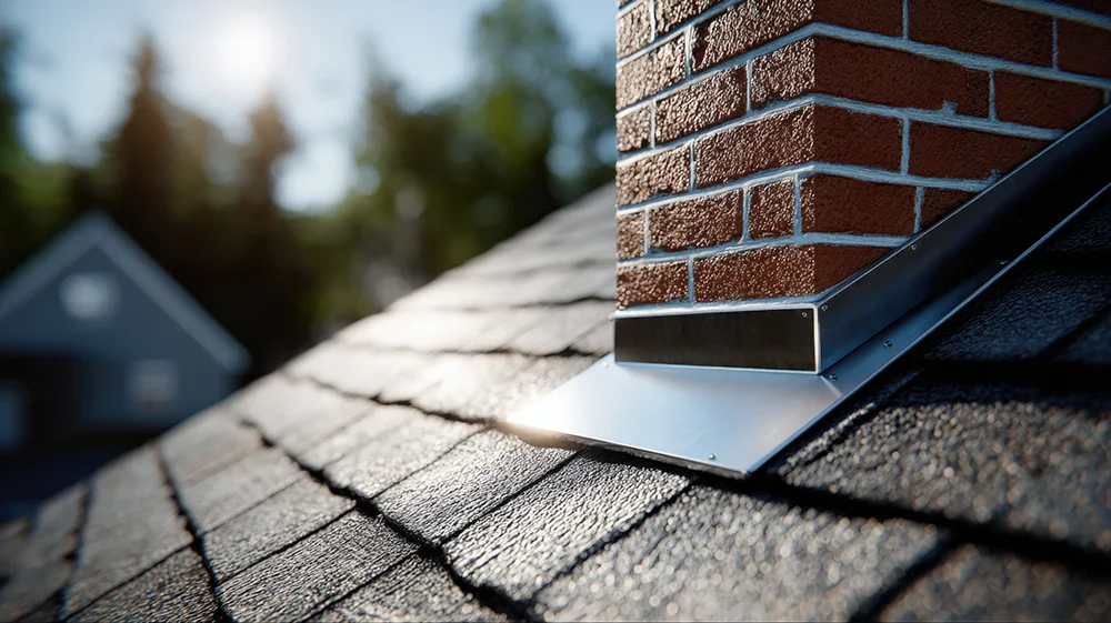 Roof flashing installed around a brick chimney