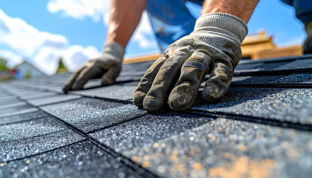 Roofing contractor replacing missing shingles on a home.