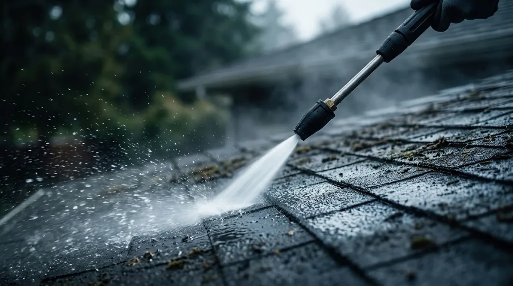 Powerwashing moss from a residential roof