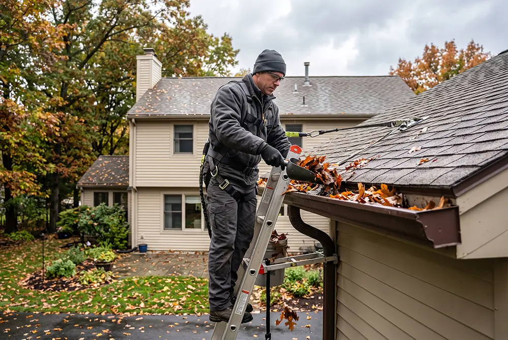 Homeowner safely cleaning gutters during fall roof maintenance